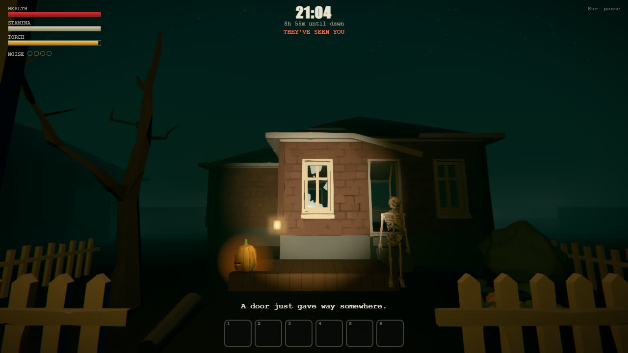 A spooky house with a porch skeleton, lit pumpkin and dead tree