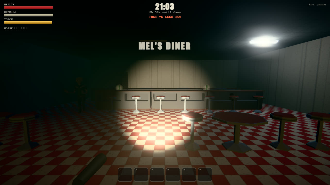 Torchlight sweeps Mel's Diner as a zombie lurks in the shadows