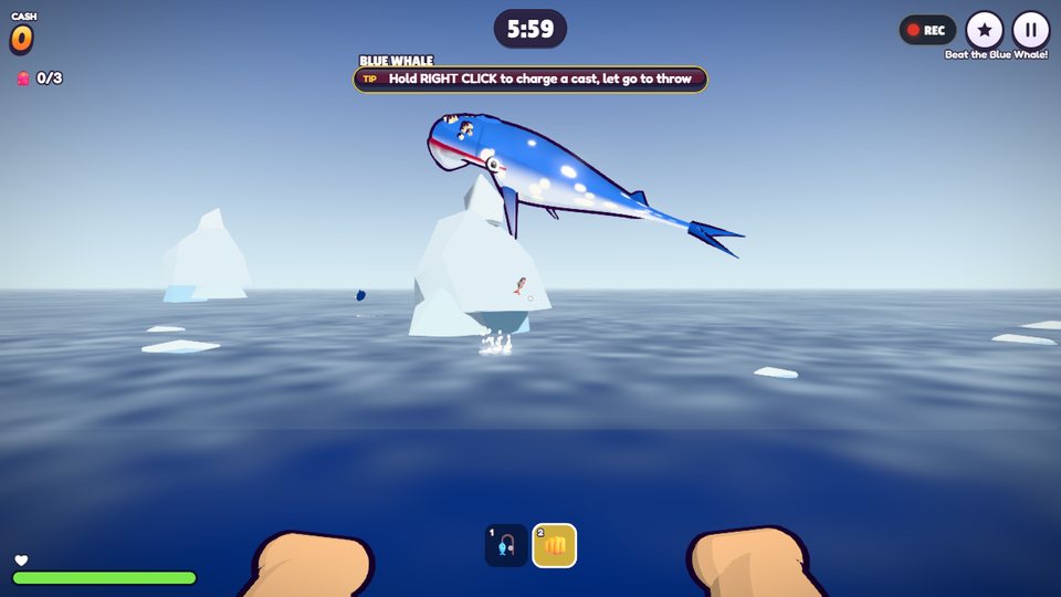 The Blue Whale breaching out of an icy sea in front of floating icebergs.