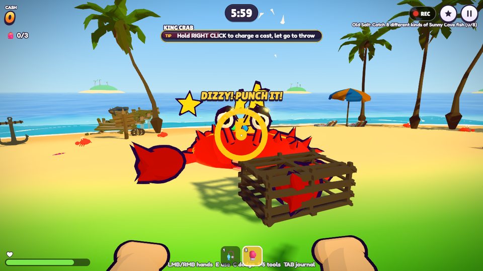 A giant red King Crab, dizzy beside a lobster pot on a palm-lined beach, with gold targets to punch.