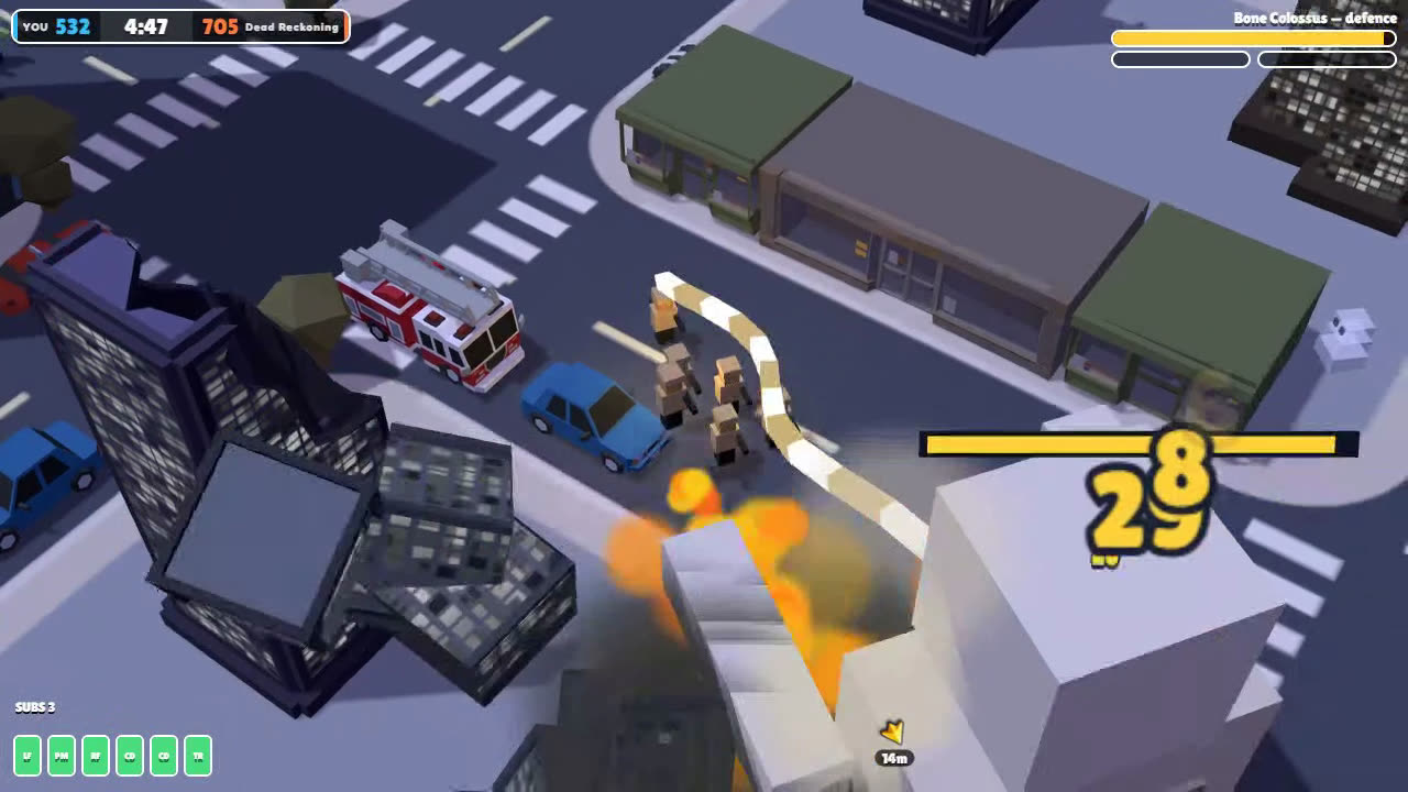A giant Bone Colossus smashes through a city tower as the squad fights beside a fire engine