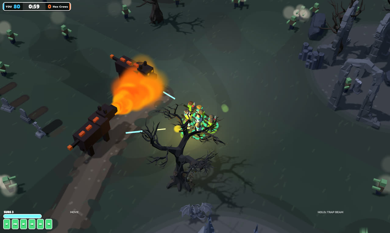A hell hound breathes a cone of fire at the squad among graveyard ruins