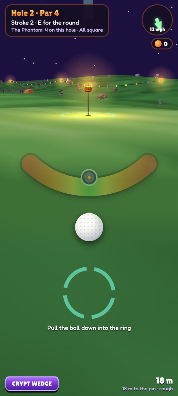 Approach shot to a glowing green in a 12 mph wind, with bulb strings along the hillside