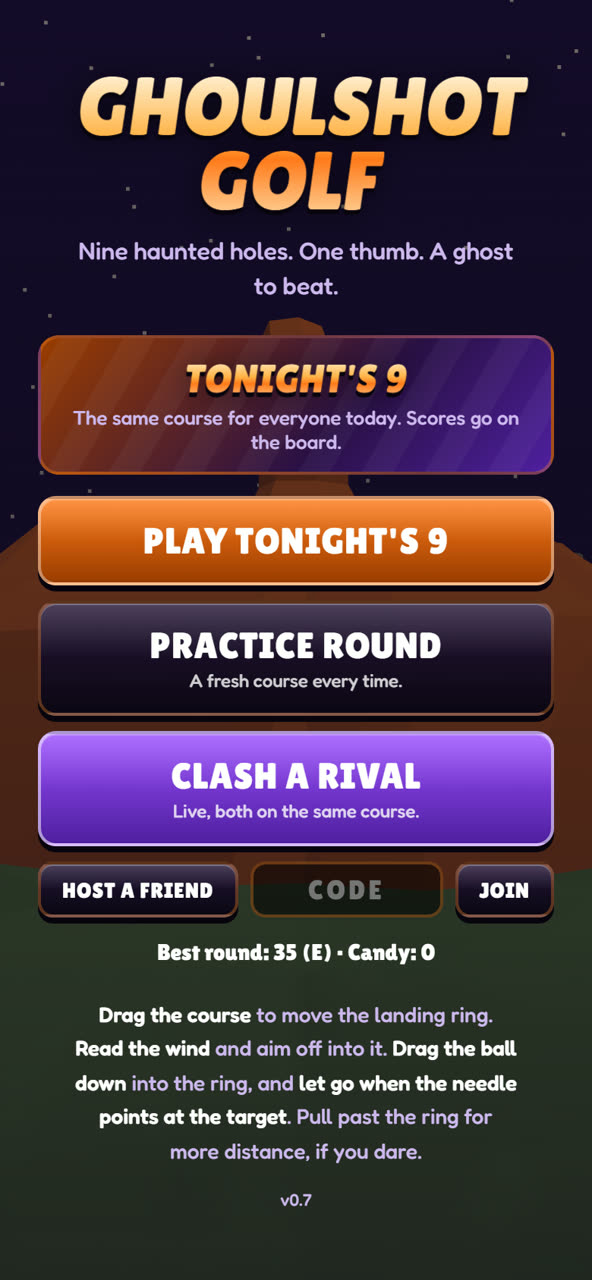 The clubhouse menu: play Tonight's 9, a practice round, or clash a rival live