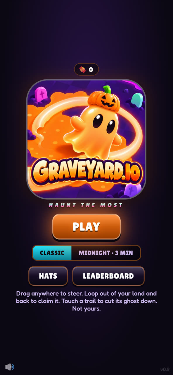 Graveyard.io title screen: a glossy orange ghost in a pumpkin hat, with Play, Classic and Midnight modes, Hats and Leaderboard