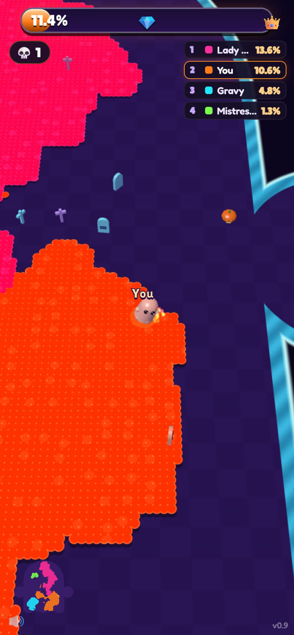 Your ghost's orange graveyard spreads across the map past tombstones, with the live top-four list and minimap