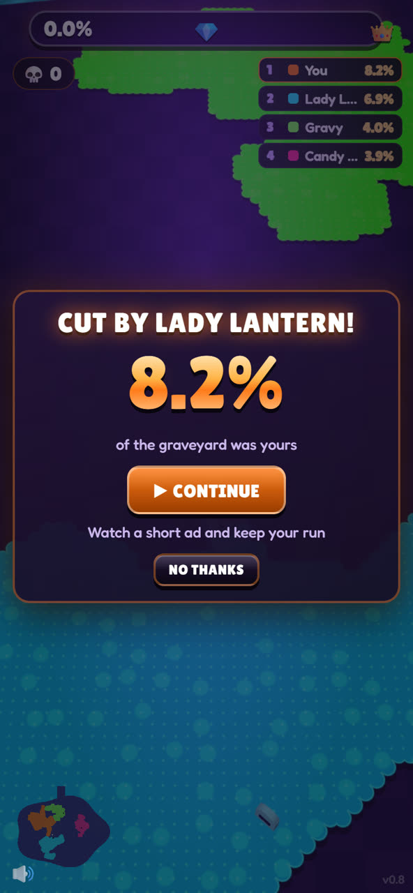 Cut by Lady Lantern! The death screen shows 8.2% of the graveyard was yours, with an option to continue