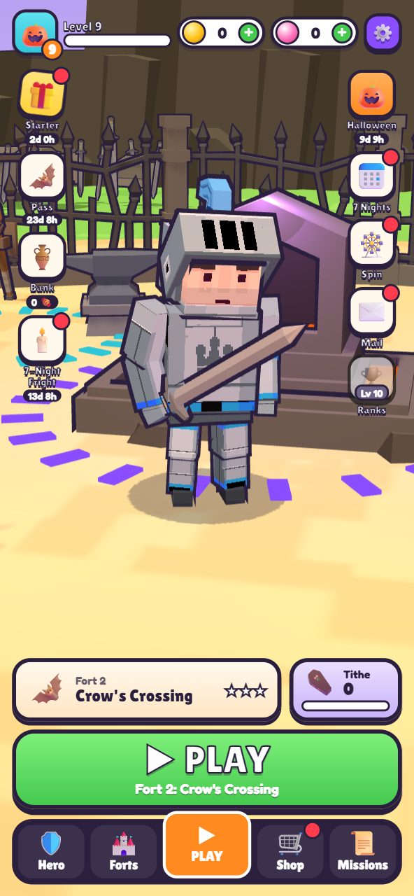 The home screen with the knight hero in front of the forge, event buttons down both sides and a big green Play button for Fort 2, Crow's Crossing.