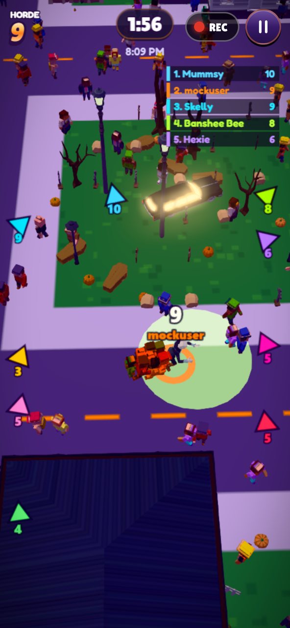 A lone vampire leader with its first few followers by the graveyard at the start of the night, arrows round the screen edge pointing to rival hordes.
