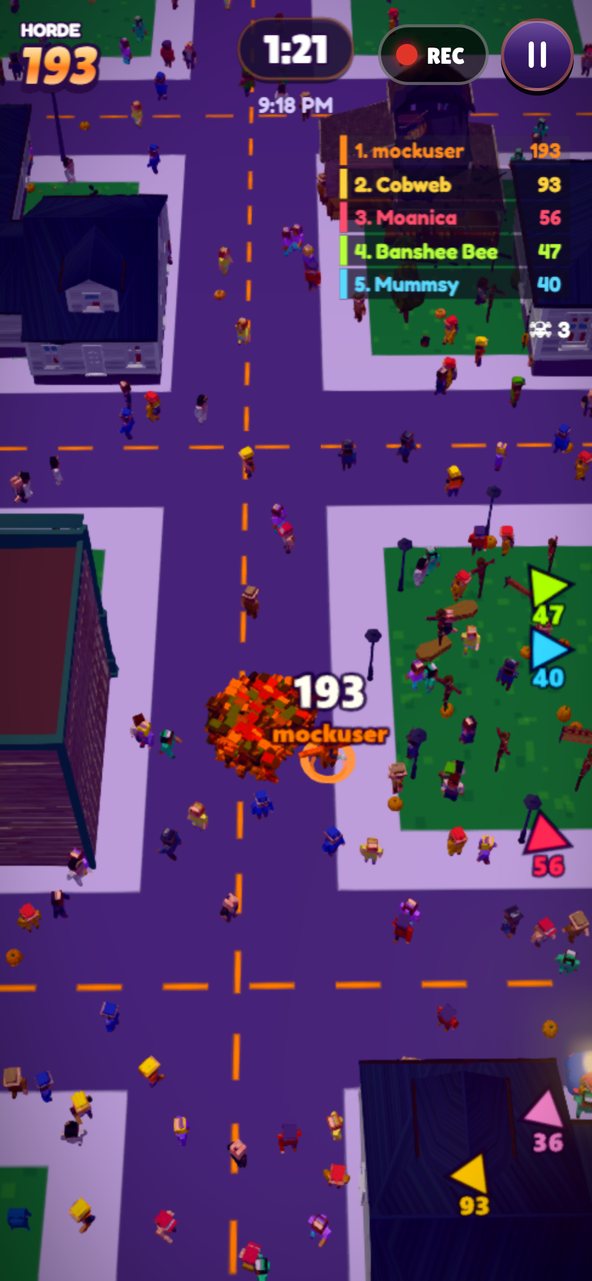 The orange horde, 193 strong, pours down a street at night while pale townsfolk wander the pavements and the top five hordes show in the corner.