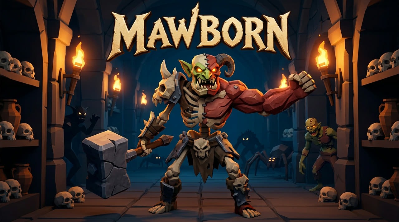 Mawborn key art: a stitched skeleton-goblin-demon monster with a stone hammer in a crypt