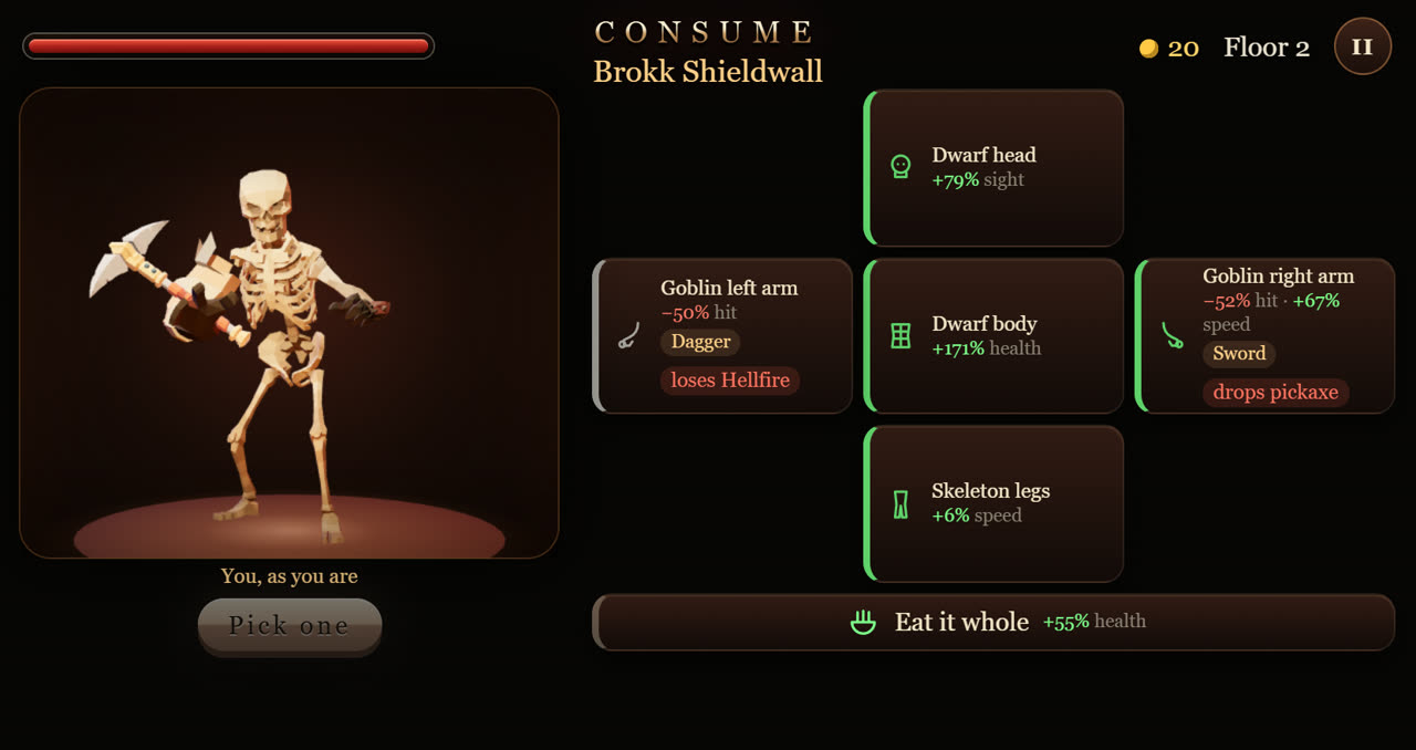 Consume screen: pick which dwarf and goblin parts to stitch onto your skeleton