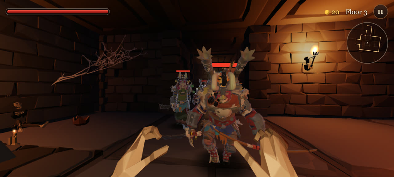 A horned armoured monster charges down a torchlit crypt corridor on floor 3