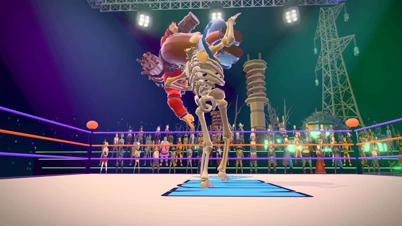 A skeleton wrestler lifts his opponent overhead in the Mad Scientist's Lab arena