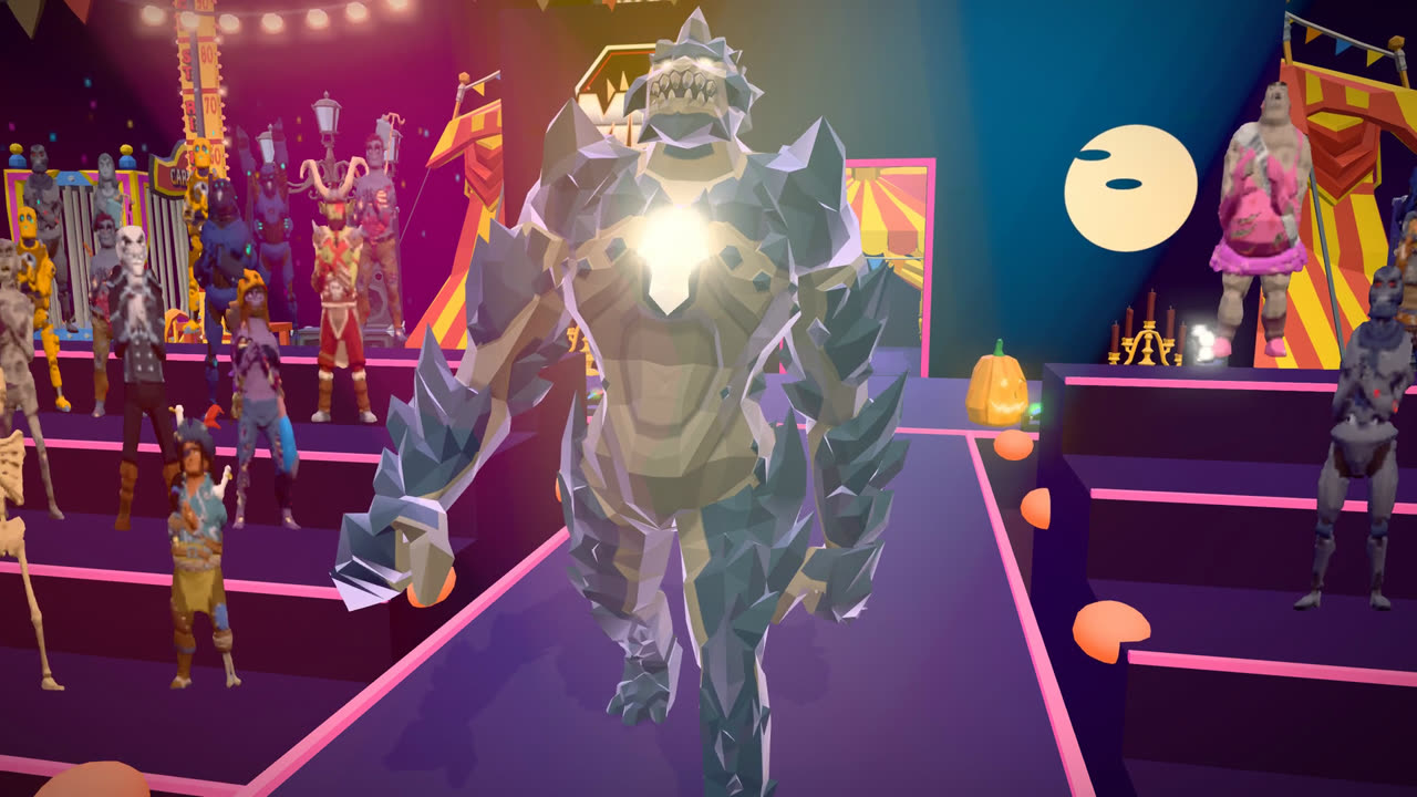 A glowing crystal golem makes his ring walk past a cheering carnival crowd