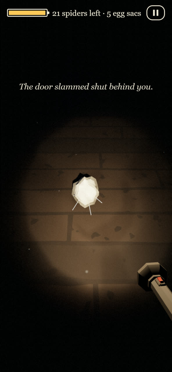 A spider egg sac on a cellar brick wall, caught in the torch beam