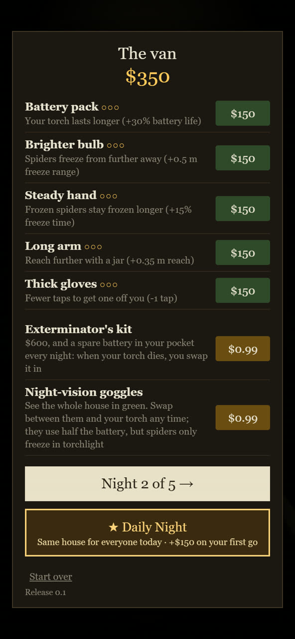 The van shop: torch upgrades, gloves and the Daily Night button