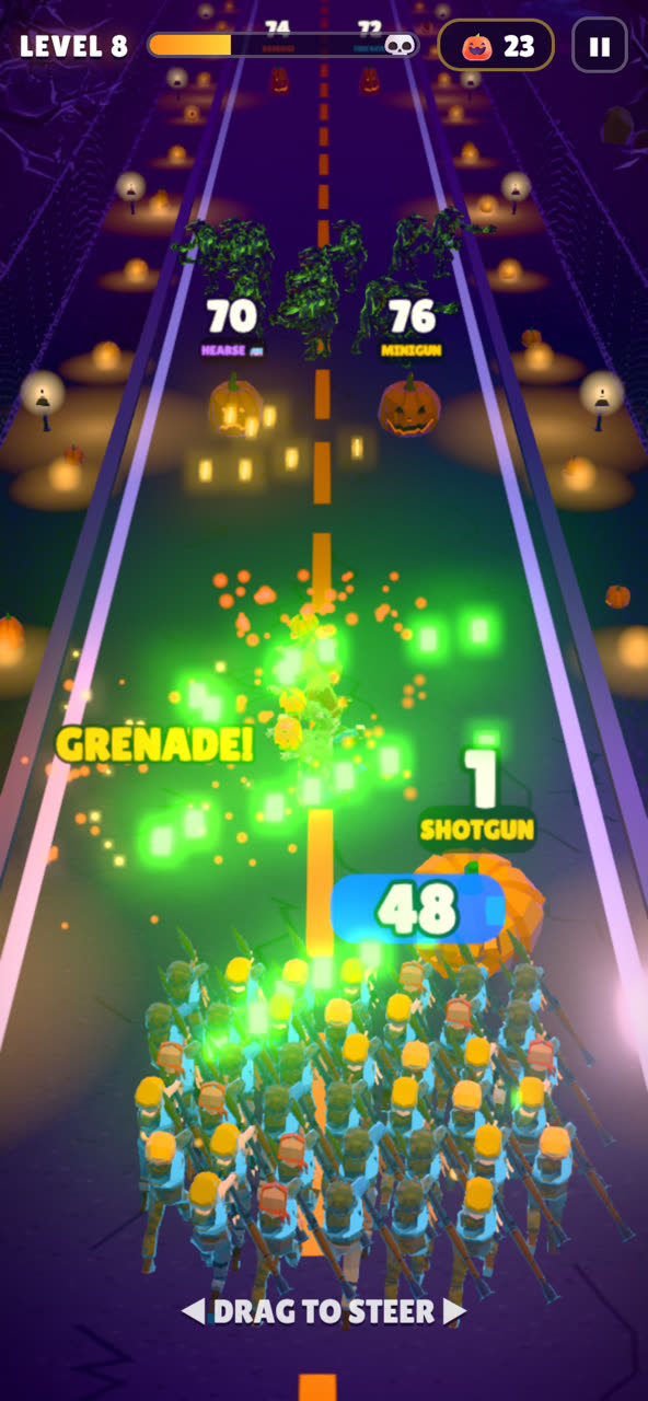 A 48-soldier squad lobs green grenades at a horde while pumpkin barrels offer a hearse, a minigun and a shotgun